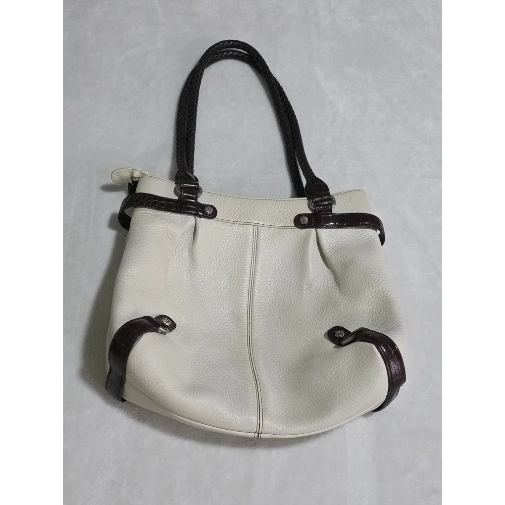 Brighton‎ Pebble Leather Shoulder Bag Cream Croc Trim Buckle Detail